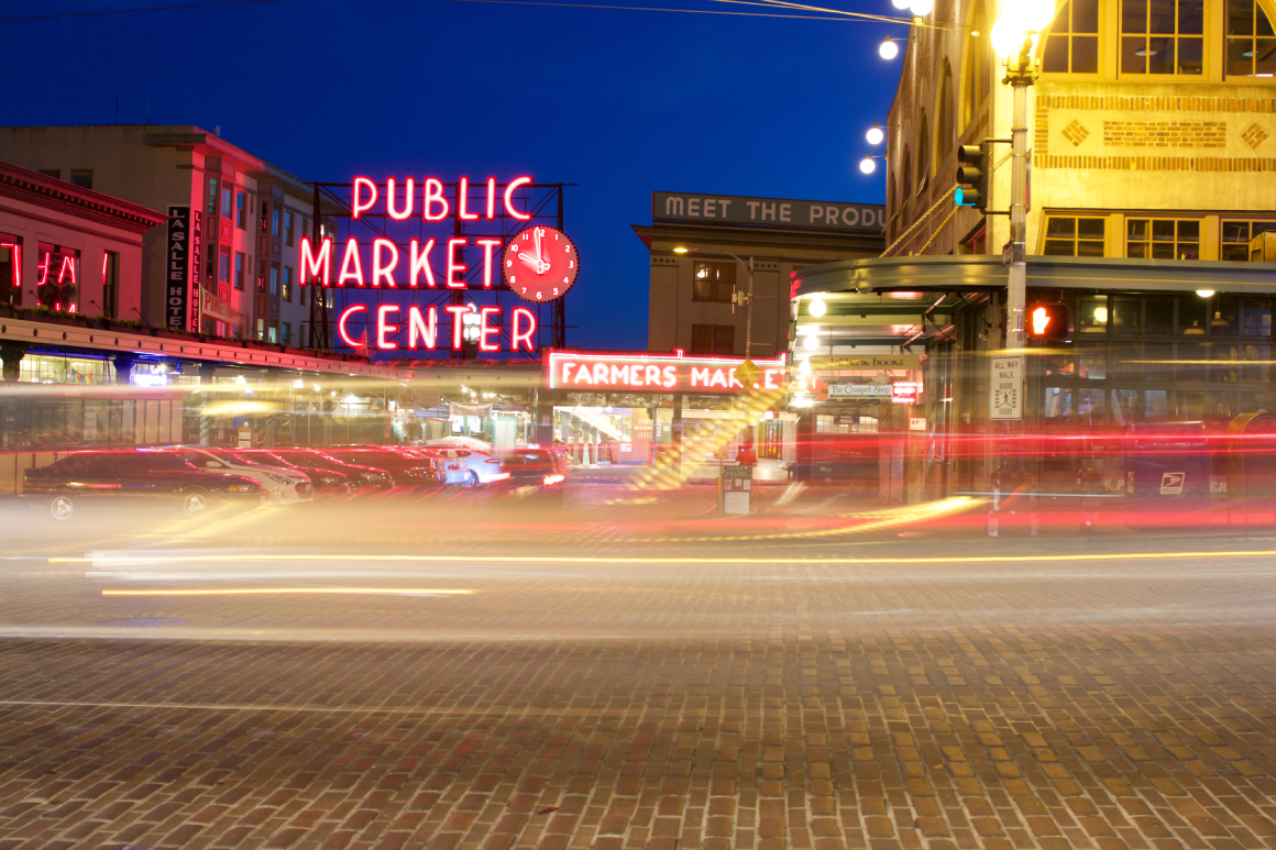 street view of public market center, Seattle at night